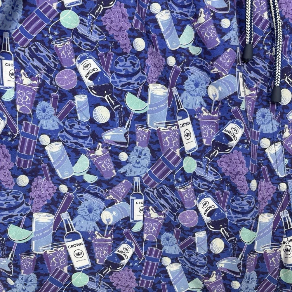 Peter Millar Seaside Performance Swim Trunks Mens XL AOP Purple Bottle Print EUC